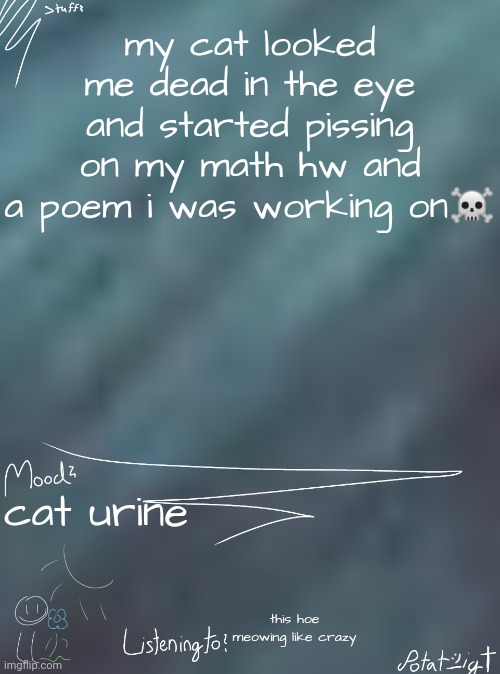 found some drawings from 2020/21 | my cat looked me dead in the eye and started pissing on my math hw and a poem i was working on☠️; cat urine; this hoe meowing like crazy | image tagged in i ate children for breakfast | made w/ Imgflip meme maker