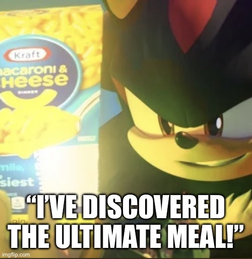 Shadow invents macaroni | “I’VE DISCOVERED THE ULTIMATE MEAL!” | image tagged in shadow the hedgehog macaroni | made w/ Imgflip meme maker