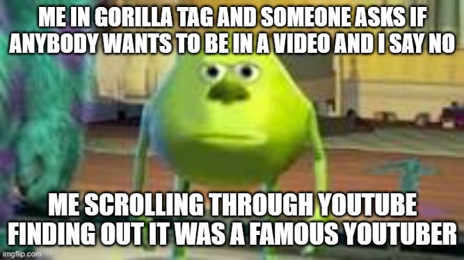 bruh | ME IN GORILLA TAG AND SOMEONE ASKS IF ANYBODY WANTS TO BE IN A VIDEO AND I SAY NO; ME SCROLLING THROUGH YOUTUBE FINDING OUT IT WAS A FAMOUS YOUTUBER | image tagged in mike w,certified bruh moment | made w/ Imgflip meme maker