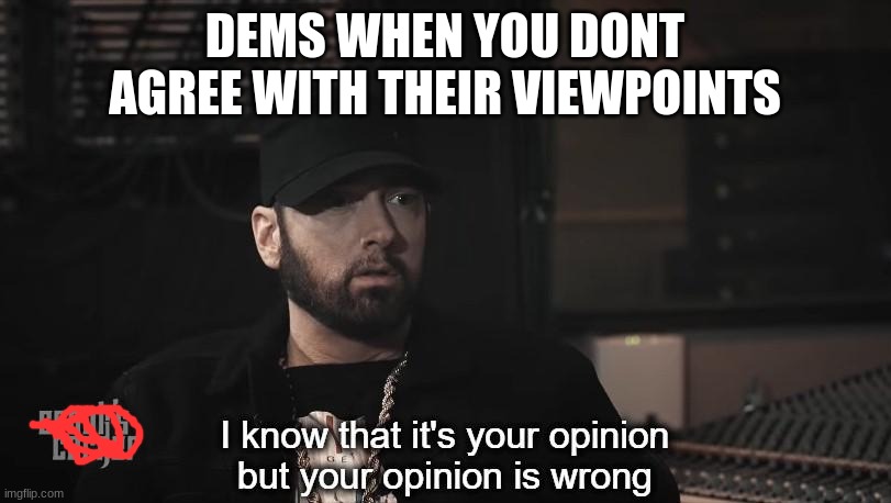 stupid dems | DEMS WHEN YOU DONT AGREE WITH THEIR VIEWPOINTS | image tagged in i know that it's your opinion but your opinion is wrong | made w/ Imgflip meme maker