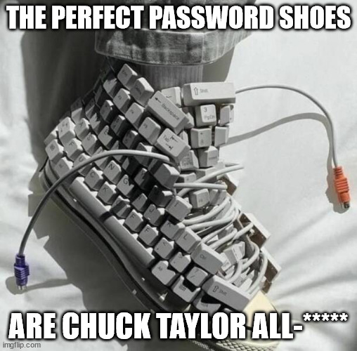 For all your high top security password needs | THE PERFECT PASSWORD SHOES; ARE CHUCK TAYLOR ALL-***** | image tagged in shoes | made w/ Imgflip meme maker