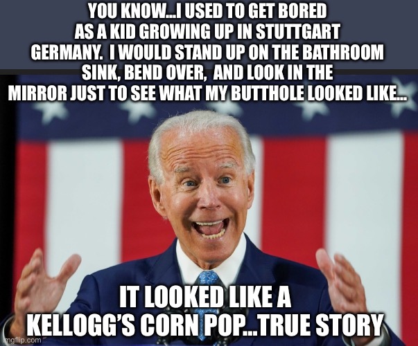 YOU KNOW...I USED TO GET BORED AS A KID GROWING UP IN STUTTGART GERMANY.  I WOULD STAND UP ON THE BATHROOM SINK, BEND OVER,  AND LOOK IN THE MIRROR JUST TO SEE WHAT MY BUTTHOLE LOOKED LIKE…; IT LOOKED LIKE A KELLOGG’S CORN POP…TRUE STORY | image tagged in joe biden,donald trump,republicans,stupid people | made w/ Imgflip meme maker