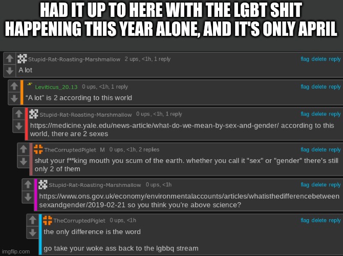 HAD IT UP TO HERE WITH THE LGBT SHIT HAPPENING THIS YEAR ALONE, AND IT'S ONLY APRIL | made w/ Imgflip meme maker