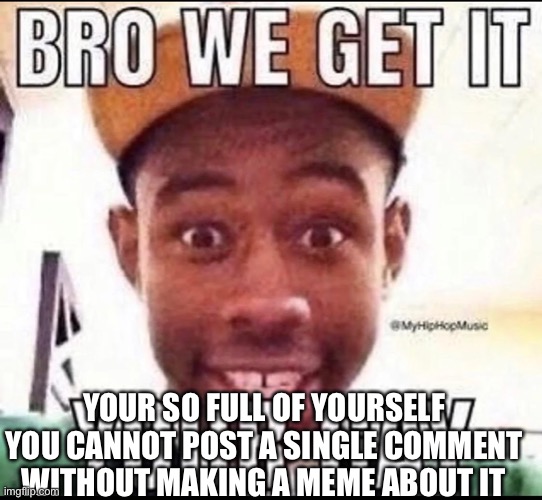 BRO WE GET IT YOU'RE GAY | YOUR SO FULL OF YOURSELF YOU CANNOT POST A SINGLE COMMENT WITHOUT MAKING A MEME ABOUT IT | image tagged in bro we get it you're gay | made w/ Imgflip meme maker