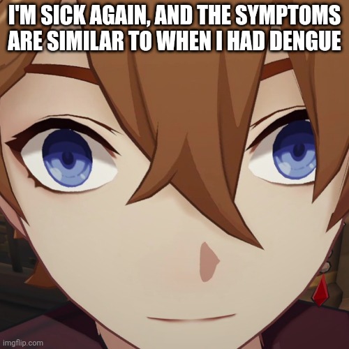 Not even 3 months have passed since I recovered from dengue, there is a chance I'm positive COVID-19 | I'M SICK AGAIN, AND THE SYMPTOMS ARE SIMILAR TO WHEN I HAD DENGUE | image tagged in childe genshin | made w/ Imgflip meme maker