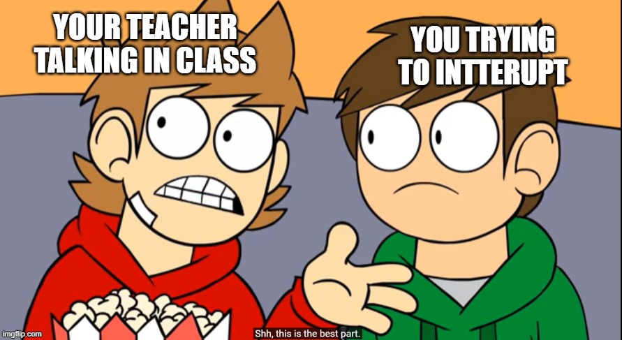 tord shhh this is the best part | YOUR TEACHER TALKING IN CLASS; YOU TRYING TO INTTERUPT | image tagged in tord shhh this is the best part | made w/ Imgflip meme maker