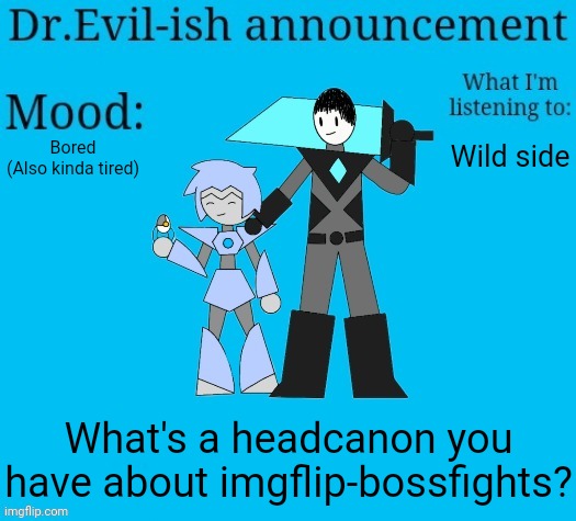 The weirder the better | Bored
(Also kinda tired); Wild side; What's a headcanon you have about imgflip-bossfights? | image tagged in dr evil-ish new announcement template | made w/ Imgflip meme maker