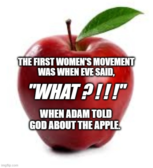 The Movement Birthed by An Apple and a Snake | THE FIRST WOMEN'S MOVEMENT 
WAS WHEN EVE SAID, "WHAT ? ! ! !"; WHEN ADAM TOLD GOD ABOUT THE APPLE. | image tagged in apple,women,movements,bible,men,free choice | made w/ Imgflip meme maker