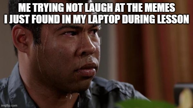 sweating bullets | ME TRYING NOT LAUGH AT THE MEMES I JUST FOUND IN MY LAPTOP DURING LESSON | image tagged in sweating bullets,so true memes | made w/ Imgflip meme maker