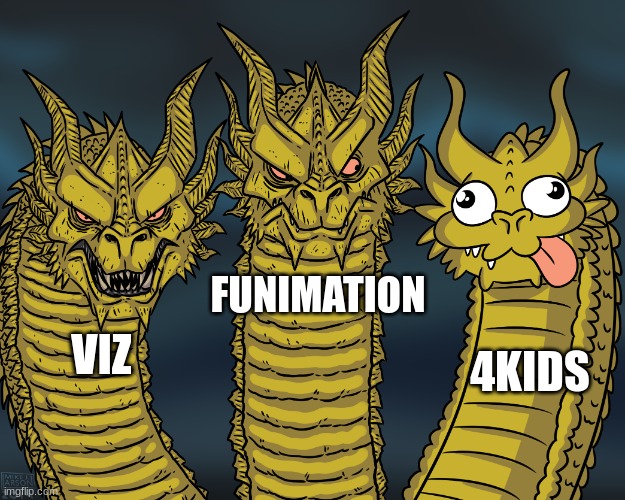 One Piece in a nutshell | FUNIMATION; 4KIDS; VIZ | image tagged in king ghidorah,anime,one piece | made w/ Imgflip meme maker