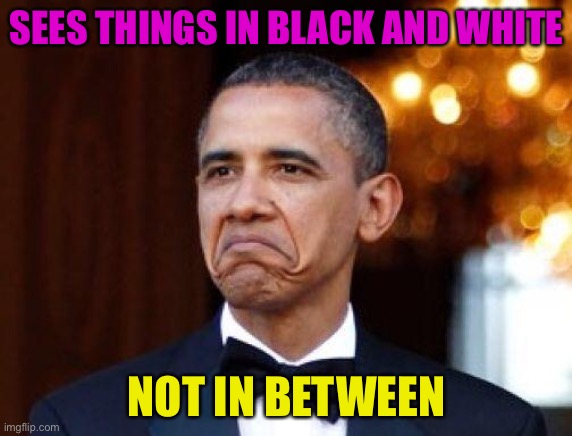 Sees The World In Black And White | SEES THINGS IN BLACK AND WHITE; NOT IN BETWEEN | image tagged in obama not bad | made w/ Imgflip meme maker