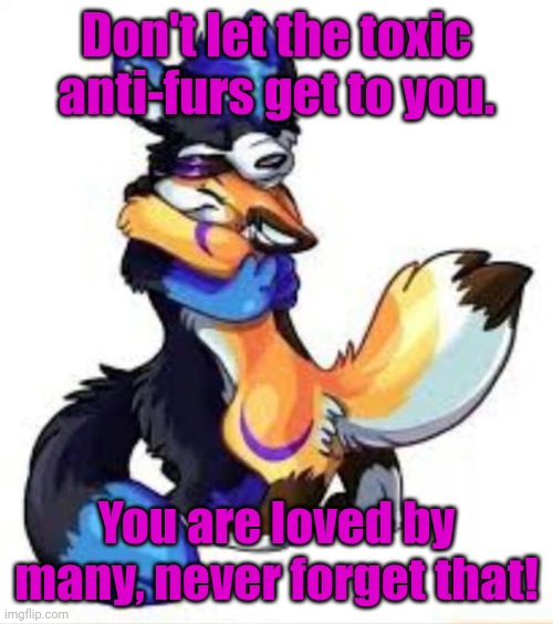 Chilled anti furs that only hate z**philes, you're good. Toxic anti-furs, you're not. | Don't let the toxic anti-furs get to you. You are loved by many, never forget that! | image tagged in furry hugs | made w/ Imgflip meme maker