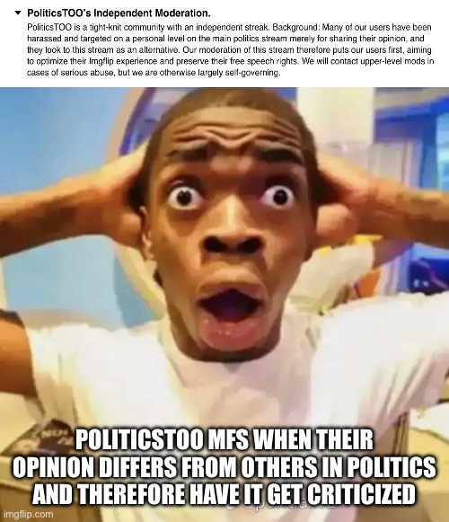 I get criticized all the time for being a Marxist. It’s not a big deal, get over it | POLITICSTOO MFS WHEN THEIR OPINION DIFFERS FROM OTHERS IN POLITICS AND THEREFORE HAVE IT GET CRITICIZED | image tagged in shocked black guy | made w/ Imgflip meme maker