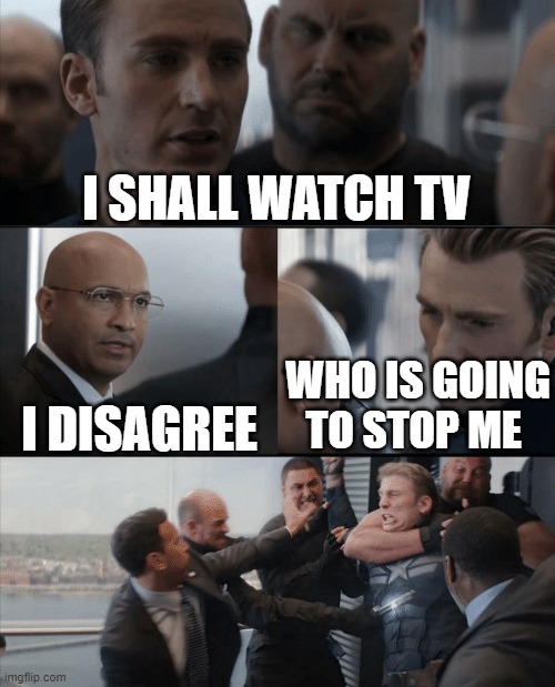 Captain America Elevator Fight | I SHALL WATCH TV; I DISAGREE; WHO IS GOING TO STOP ME | image tagged in captain america elevator fight | made w/ Imgflip meme maker