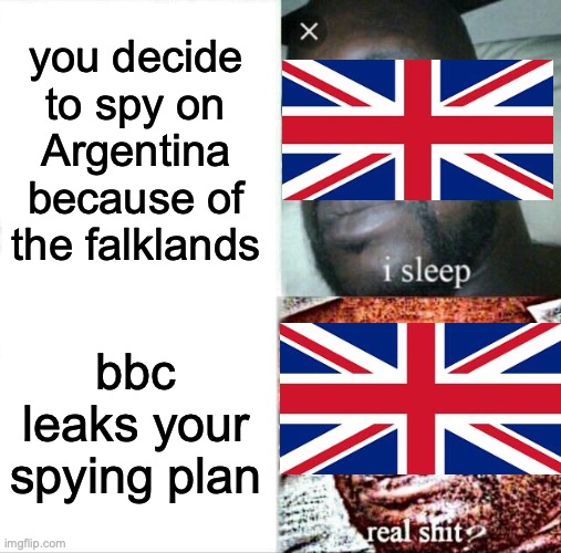 bbc means british broadcasting corporation if anyone doesn't wanna google it | you decide to spy on Argentina because of the falklands; bbc leaks your spying plan | image tagged in memes,sleeping shaq | made w/ Imgflip meme maker