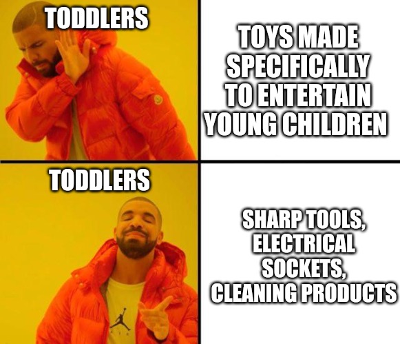 Why tho | TOYS MADE SPECIFICALLY TO ENTERTAIN YOUNG CHILDREN; TODDLERS; TODDLERS; SHARP TOOLS, ELECTRICAL SOCKETS, CLEANING PRODUCTS | image tagged in drake meme,dark humor | made w/ Imgflip meme maker