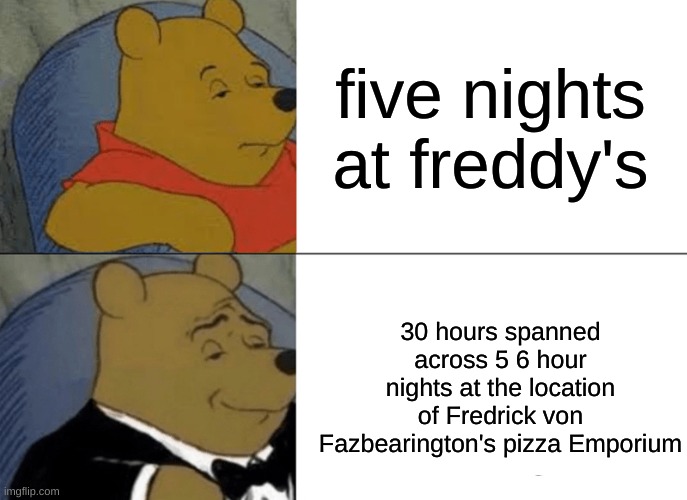 Tuxedo Winnie The Pooh | five nights at freddy's; 30 hours spanned across 5 6 hour nights at the location of Fredrick von Fazbearington's pizza Emporium | image tagged in memes,tuxedo winnie the pooh | made w/ Imgflip meme maker