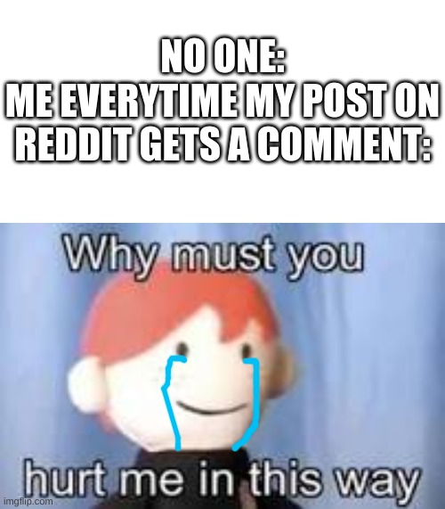 i keep being bullied on reddit | NO ONE:
ME EVERYTIME MY POST ON REDDIT GETS A COMMENT: | image tagged in why must you hurt me in this way,pain,reddit,oh wow are you actually reading these tags,im in pain | made w/ Imgflip meme maker