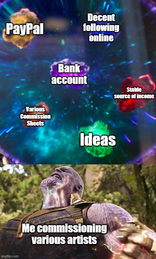 Thanos Infinity Stones | PayPal; Decent following online; Bank account; Stable source of income; Various Commission Sheets; Ideas; Me commissioning various artists | image tagged in thanos infinity stones | made w/ Imgflip meme maker