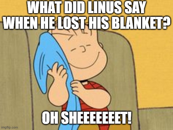 Poor Linus | WHAT DID LINUS SAY WHEN HE LOST HIS BLANKET? OH SHEEEEEEET! | image tagged in linus and his blanket | made w/ Imgflip meme maker