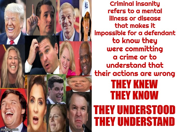 Not Just These Guys Either | Criminal insanity refers to a mental illness or disease that makes it impossible for a defendant; to know they were committing a crime or to understand that their actions are wrong; THEY KNEW
THEY KNOW; THEY UNDERSTOOD
THEY UNDERSTAND | image tagged in scumbag republicans,scumbag trump,scumbag liars,deplorable republicans,memes,lock them up | made w/ Imgflip meme maker