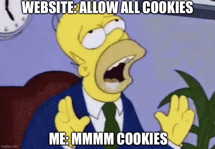 Mmmmm Cookies | WEBSITE: ALLOW ALL COOKIES; ME: MMMM COOKIES | image tagged in homer drooling,cookies,the simpsons,pc,drooling | made w/ Imgflip meme maker
