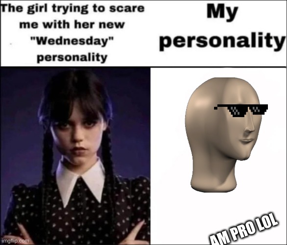 The girl trying to scare me with her new Wednesday personality | AM PRO LOL | image tagged in the girl trying to scare me with her new wednesday personality | made w/ Imgflip meme maker