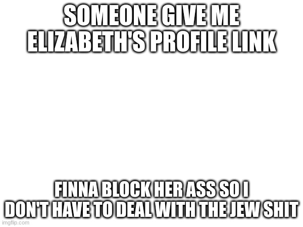 SOMEONE GIVE ME ELIZABETH'S PROFILE LINK; FINNA BLOCK HER ASS SO I DON'T HAVE TO DEAL WITH THE JEW SHIT | made w/ Imgflip meme maker