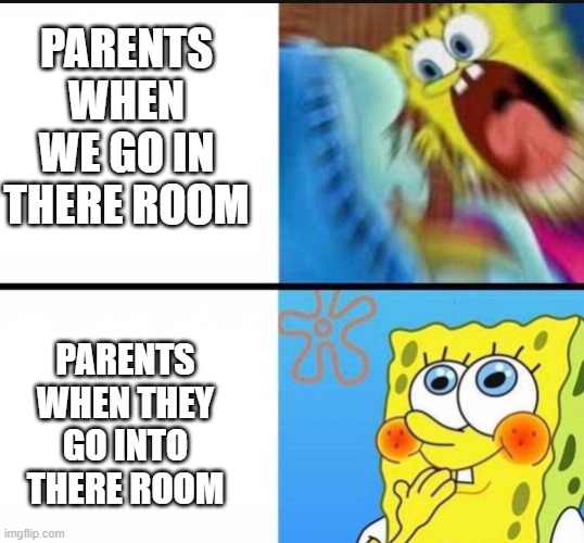 POV: When you have parents that go into your room | PARENTS WHEN WE GO IN THERE ROOM; PARENTS WHEN THEY GO INTO THERE ROOM | image tagged in spongebob yelling | made w/ Imgflip meme maker