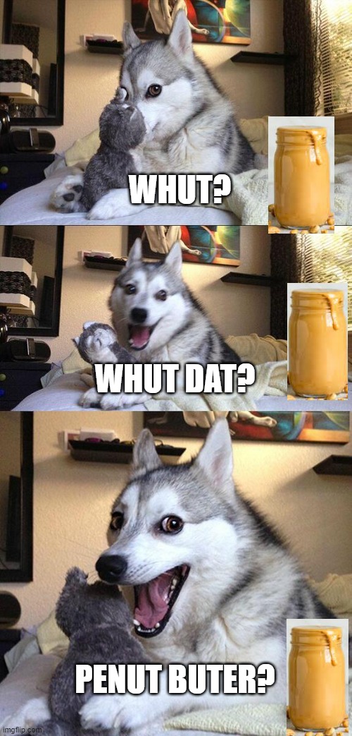 Penut Buter | WHUT? WHUT DAT? PENUT BUTER? | image tagged in memes,bad pun dog | made w/ Imgflip meme maker