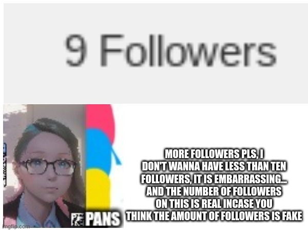 followers pls, i know this is follow begging but i really just want more than 9 followers | MORE FOLLOWERS PLS, I DON'T WANNA HAVE LESS THAN TEN FOLLOWERS, IT IS EMBARRASSING... AND THE NUMBER OF FOLLOWERS ON THIS IS REAL INCASE YOU THINK THE AMOUNT OF FOLLOWERS IS FAKE | image tagged in please follow me | made w/ Imgflip meme maker