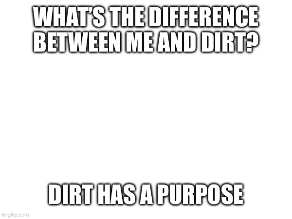 Yeah I roasted myself | WHAT’S THE DIFFERENCE BETWEEN ME AND DIRT? DIRT HAS A PURPOSE | image tagged in meme man rostid | made w/ Imgflip meme maker