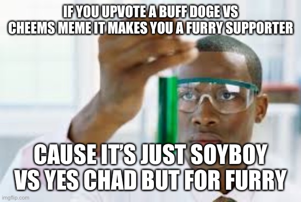Warnin’ ya | IF YOU UPVOTE A BUFF DOGE VS CHEEMS MEME IT MAKES YOU A FURRY SUPPORTER; CAUSE IT’S JUST SOYBOY VS YES CHAD BUT FOR FURRY | image tagged in finally | made w/ Imgflip meme maker