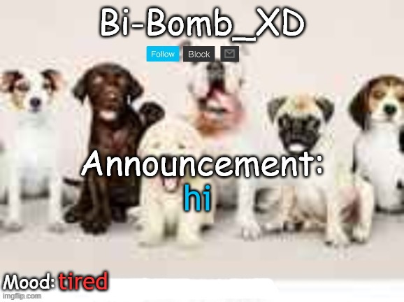 Bi-Bomb's announcement temp (Thx TheBlookWhoKirbs) | hi; tired | image tagged in bi-bomb's announcement temp thx theblookwhokirbs | made w/ Imgflip meme maker