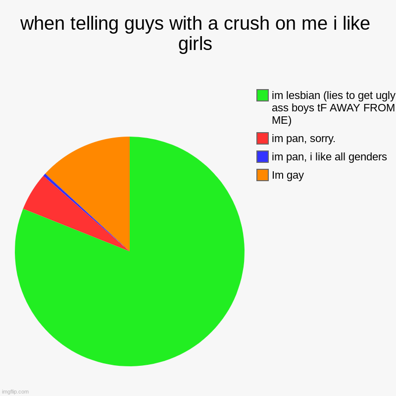 boys = uglyyy | when telling guys with a crush on me i like girls | Im gay, im pan, i like all genders, im pan, sorry., im lesbian (lies to get ugly ass boy | image tagged in charts,pie charts | made w/ Imgflip chart maker
