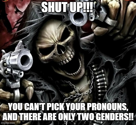 Based Grim Reaper. | SHUT UP!!! YOU CAN'T PICK YOUR PRONOUNS, AND THERE ARE ONLY TWO GENDERS!! | image tagged in edgy skeleton | made w/ Imgflip meme maker