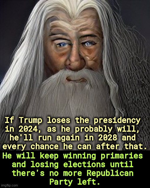 Trump eternal | If Trump loses the presidency 
in 2024, as he probably will, 
he'll run again in 2028 and 
every chance he can after that. He will keep winning primaries 
and losing elections until 
there's no more Republican 
Party left. | image tagged in trump,destroy,republican party,gop,forever | made w/ Imgflip meme maker