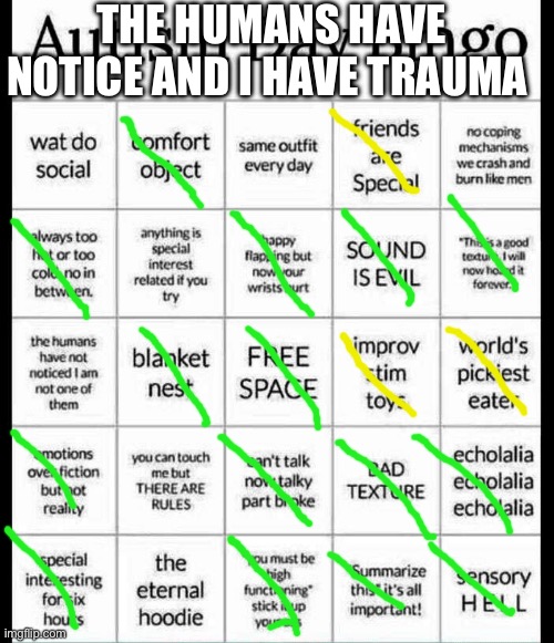 Yellow is kinda and green is yes | THE HUMANS HAVE NOTICE AND I HAVE TRAUMA | image tagged in autism bingo | made w/ Imgflip meme maker