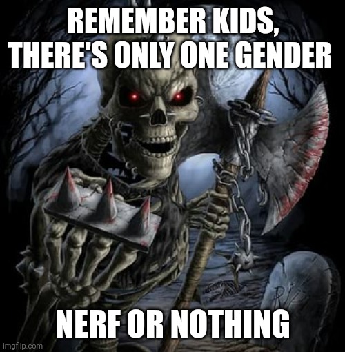 badass skeleton | REMEMBER KIDS, THERE'S ONLY ONE GENDER; NERF OR NOTHING | image tagged in badass skeleton | made w/ Imgflip meme maker