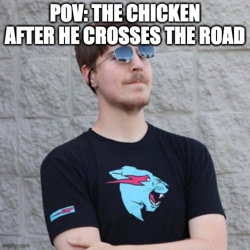 Mr. Beast | POV: THE CHICKEN AFTER HE CROSSES THE ROAD | image tagged in mr beast | made w/ Imgflip meme maker