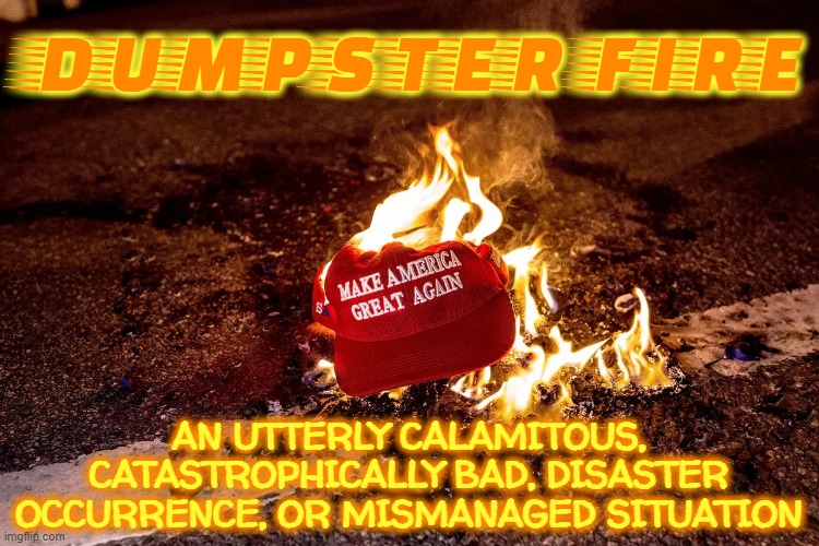 DUMPSTER FIRE | DUMPSTER FIRE; AN UTTERLY CALAMITOUS, CATASTROPHICALLY BAD, DISASTER OCCURRENCE, OR MISMANAGED SITUATION | image tagged in dumpster fire,calmitous,disaster,catastrophic,mismanaged,worst ever | made w/ Imgflip meme maker