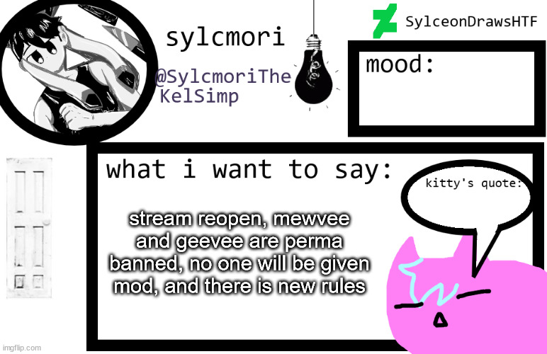 sylceon is in  love w/ kel uwuwuwu /hj | stream reopen, mewvee and geevee are perma banned, no one will be given mod, and there is new rules | image tagged in sylceon is in love w/ kel uwuwuwu /hj | made w/ Imgflip meme maker