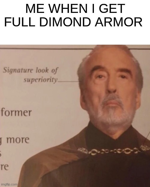 Signature Look of superiority | ME WHEN I GET FULL DIMOND ARMOR | image tagged in signature look of superiority | made w/ Imgflip meme maker