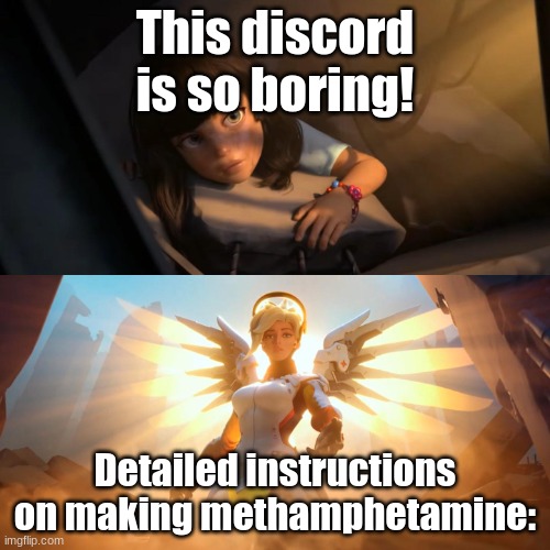 Overwatch Mercy Meme | This discord is so boring! Detailed instructions on making methamphetamine: | image tagged in overwatch mercy meme,breaking bad | made w/ Imgflip meme maker
