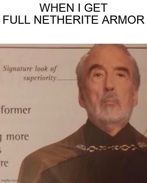 Signature Look of superiority | WHEN I GET FULL NETHERITE ARMOR | image tagged in signature look of superiority | made w/ Imgflip meme maker
