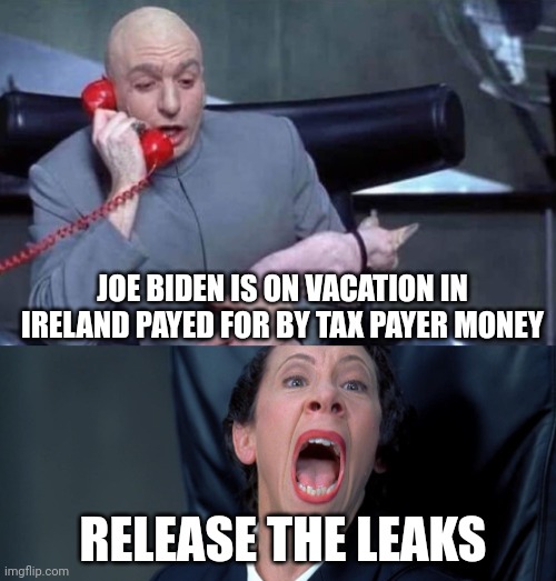 Release The Classified Leaks | JOE BIDEN IS ON VACATION IN IRELAND PAYED FOR BY TAX PAYER MONEY; RELEASE THE LEAKS | image tagged in joe biden,pentagon,austin powers,dr evil,leaker,discord | made w/ Imgflip meme maker
