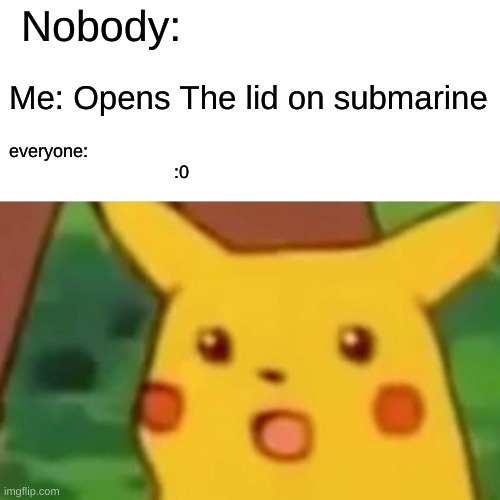 hmmmm | Nobody:; Me: Opens The lid on submarine; everyone:




                                 :0 | image tagged in memes,surprised pikachu | made w/ Imgflip meme maker