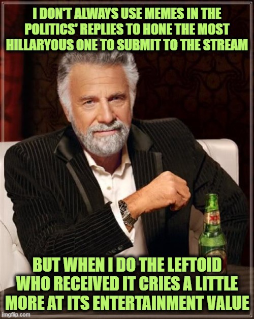 Let the Meme do the Talking in the Comment Replies | I DON'T ALWAYS USE MEMES IN THE POLITICS' REPLIES TO HONE THE MOST HILLARYOUS ONE TO SUBMIT TO THE STREAM; BUT WHEN I DO THE LEFTOID WHO RECEIVED IT CRIES A LITTLE MORE AT ITS ENTERTAINMENT VALUE | image tagged in memes,the most interesting man in the world | made w/ Imgflip meme maker
