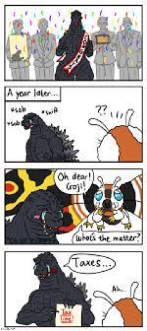 Heisei comic 1/3 | image tagged in godzilla,kaiju,mothra,taxes | made w/ Imgflip meme maker