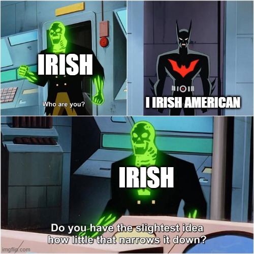 Irish meet Irish American | IRISH; I IRISH AMERICAN; IRISH | image tagged in do you have the slightest idea how little that narrows it down,irish,american | made w/ Imgflip meme maker